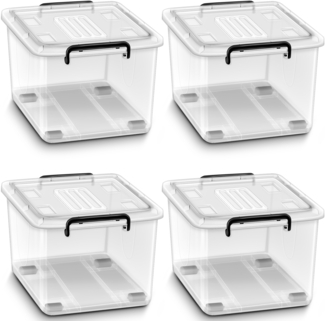 tillvex® Aufbewahrungsboxen mit Deckel 4er Set - 62L, lebensmittelecht | Kunststoff Boxen Set stapelbar | Aufbewahrung Ordnungssystem Box groß | Aufbewahrungsbox Kleiderboxen transparent 100% Neumaterial