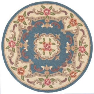 Kadima Design Traditioneller Wollteppich "Beauly" mit Handgeschnitzten Details. Farbe: Blau-Beige, 120x120 cm