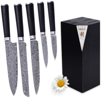 Wakoli Magnet-Messerblock Culinary Noir 6-teiliges Set I 5 Damast Küchenmesser und Einsteckblock