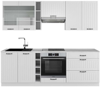 Küchenzeile Fame-Line Weiß Landhaus/Weiß 235 cm , AP Marmor Vicco