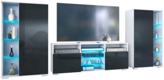 Vladon Wohnwand Davos, (Anbauwand, bestehend aus 2 Vitrinen, 1 TV-Board und LED-Beleuchtung), Weiß matt/Schwarz Hochglanz (329 x 134 x 35 cm)