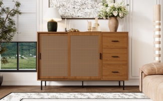 Moderne Kommode mit Rattan Türen und Rollen Natural Beistellschrank mit 3 Schubladen 3 Regalböden Servierwagen Schiebetüren hohe Tragkraft 80 kg wasserfeste Oberfläche Wohnzimmer Sideboard Aufbewahrungsmöbel