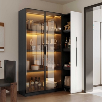 BlingBin Stauraumvitrine Multifunktionsschrank Glasvitrine (1-St, Bücherregal mit LED-Vitrine & seitlichem Auszugsschrank auf Rollen) Soft-Close-Scharniere, Warmgelbe Beleuchtung, 110,5×35×160 cm