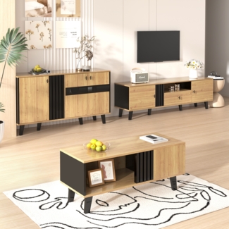 140 x 78,5 x 41 cm gro?es Sideboard, farblich abgestimmtes Design-Sideboard aus Holz und Schwarz mit Stauraum, Schrank mit LED-Licht und Glas, vielseitig einsetzbar. [OLD SKU:WF313227228SAA]