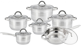 Kochtopf Kasserolle Bratpfannen Set 12-tlg Edelstahl Cheffinger SS1230