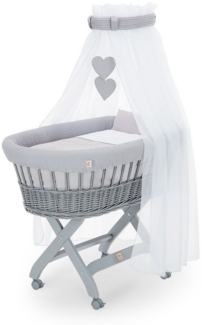 FabiMax Stubenwagen Grau lackiert, 2 in 1 Musselin / Waffelpiqué Komplettset Grau mit Decke und Kissen