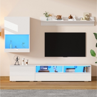 KLAM HOME Wohnzimmer-Set TV-Wohnwand-Set mit LED und Hochglanz - Komplett-Set in Weiß, (Inklusive TV-Board, Standregal und Vitrine für TVs bis 80 Zoll), Flexibel nutzbar - stehend oder hängend montierbar