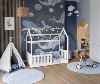 AJKmeble Jugendbett Kinderbett Montessori Bodenbett mit Rausfallschutz Jungen und Mädchen (MADE IN EU - 80x160 und 80x190cm verfübar - in Natur oder Weiß, für Kinder oder Jugendliche - Kinderzimmerbett - Hausbett), aus Kieferholz massiv, Inkl. Rolllatt...