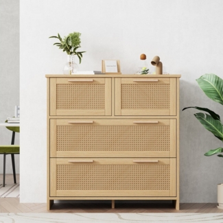 Flieks Sideboard (80x38x80cm, 1 St), 4-Schubladen Rattanschrank Kommode Anrichte Wohnzimmer