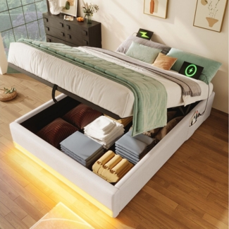 TavilaEcon Boxspringbett Polsterbett mit LED & USB-C – Hydraulik-Stauraum & ohne Kopfteil, Fernbedienung, Schnellladung & Seitentaschen, Keine Matratze, 90x200 cm