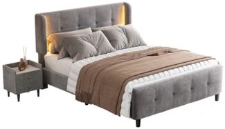 HAUSS SPOLE Polsterbett 140x200 cm mit LED-Leisten, Nachttisch mit 2 Schubladen, Samt, Grau
