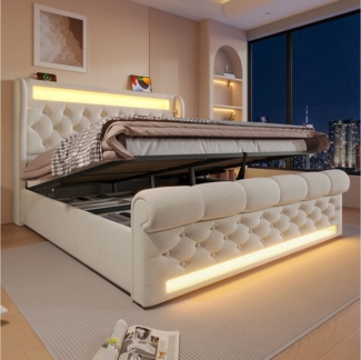 Flieks Polsterbett, Hydraulisches Stauraumbett 160x200cm mit LED Beleuchtung und USB/Typ-C