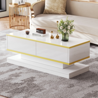 Couchtisch 100x50x38 cm, Hochglanz Warmweiß mit Goldrand, eleganter Wohnzimmertisch, 2 große Schubladen mit Rückprallschalter