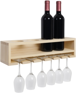 Weinregal HWC-P21, Glas-/Flaschenhalter Wandbar Regal für 4 Flaschen/6 Gläser Holz FSC®-zertifiziert 12x48x12cm ~ natur