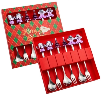 Coonoor Geschirr-Set 6 Stück Weihnachtslöffel Weihnachten Edelstahl Dessert Kaffeelöffel, Mit Weihnachtsbaum, Rentier, Weihnachtsmann und Lebkuchen dekoriert