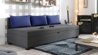 Schlafsofa Misti III - Einzelbett mit Kissen, Sofa mit Bettkasten, Bettsofa, Farbauswahl, Bettgestell, Komfortbett, Bett für Jugendzimmer, Schlafmöbel (Graphit + Blau (Lux 06 + Lux 20))