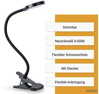 SEBSON LED Steckdosenleuchte LED Klemmlampe Bett 4W - Stecker, dimmbar, neutralweiß, Tischlampe, LED integriert, neutralweiß, Neutralweiß 4000K, 300lm, 4W, Dimmbar in 3 Stufen, inkl. Netzteil