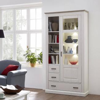 Landhaus Vitrine inkl. LED-Beleuchtung LEER-55 in Pinie weiß mit Abs. taupe Pinie hell mit taupe, , B/H/T ca. 99/204/42cm