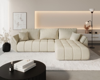 Ecksofa Schlafsofa MISATO Stoff Monolith Creme Ottomane Rechts