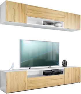 Vladon Wohnwand Mogan, Weiß matt/Eiche Natur - Moderne Anbauwand bestehend aus 2 TV-Boards (181 x 147 x 35 cm)