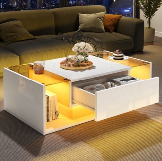 STILVORA Couchtisch mit Schublade,Wohnzimmertisch Sofatisch mit LED-Lichtleiste&Glasplatte (Satztisch, Beistelltisch, Sofatisch, 1-St, mit 1 Schublade und LED-Lichtleiste), Hochglanz-Sofatisch