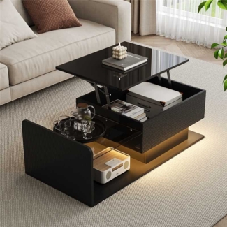 Couchtisch, Hochglanz Schwarz, Beistelltisch, Couchtisch mit Glas und LED-Effekt, mit Glasplatte