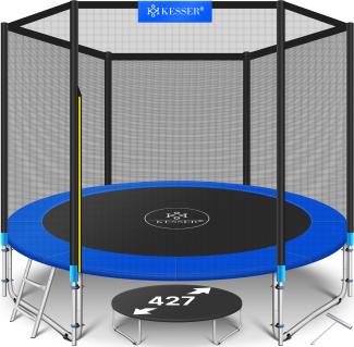 KESSER® - Trampolin | TÜV SÜD GS Zertifiziert | Komplettset mit Sicherheitsnetz, Leiter, Randabdeckung & Zubehör | Kindertrampolin Gartentrampolin Belastbarkeit 150 kg Blau, 427 cm