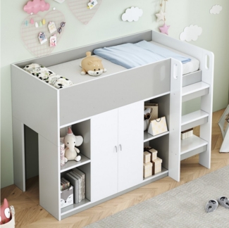 Flieks Hochbett Kinderbett 90x200cm mit Kleiderschrank, Staufächer und Leiter