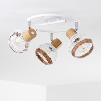 »Nalles« runde Deckenlampe aus Metall/Holz/Hanfseil in Weiß/chrom/Natur, 3-flammig, Lampenschirme dreh- u. schwenkbar, 3 x E27-Fassung, max. 60 Watt, Gitter-Optik, LED geeignet