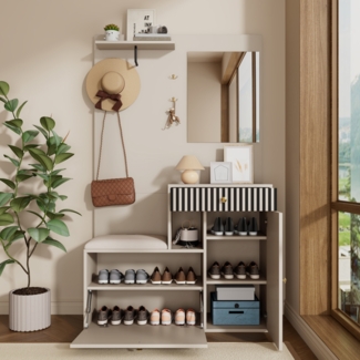 Flurschrank 110x37x185.5cm mit Sitzfläche,Soft-Close,verstellbaren Regalen,Spiegel,Haken,Schubladen,Stauraum,Beige & Creme