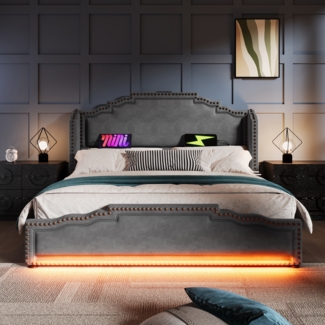 Polsterbett Vintage Bett mit handgefertigte Nieten, LED-Beleuchtung und USB-C-Ladeanschluss, 4 Schubladen. 160×200cm, ohne Matratze