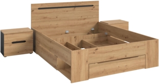 Homes & Jones Schlafzimmer-Set Sova – Bettgestell mit Stauraum 140x200 cm & 2 Nachttische, Eiche-Optik & Schwarz, modernes Design mit Schubladen & Fächern