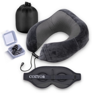 Cozyor Nackenstützkissen Memory Nackenkissen mit verstellbarem Verschluss + praktischer Tasche, Bezug: waschbarer Bezug, Set, Reise-Set mit Augenmaske, wahlweise mit Reisedecke & -kissen