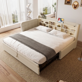 Merax Polsterbett Daybett, 90*200cm(180x200 cm) , Tagesbett, Schlafsofa, multifunktionales Ausziehbett-Design, USB + Typ C, (ohne Matratze), Leinen, beige