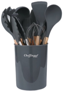 12-tlg Küchenhelfer Kochbesteck Set Kochgeschirr Silikon Holzgriff Grau