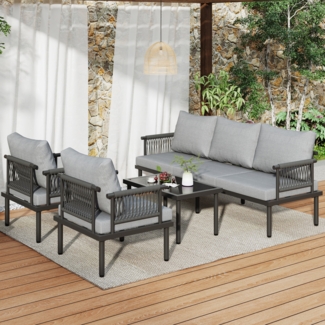 Gartenlounge-Set Outdoor-Möbelset, 4 -tlg. 3er Sofa, 2 Sessel und Couchtisch, Glastischplatte, geflochtene Seilarmlehnen, verzinkter Stahl