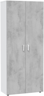 Dmora 2-türiger Mehrzweckschrank Ashkita, Hilfsschrank mit 3 Regalen, Besenhalter-Garderobe, 80 x 37 x 182 cm, Zement und Weiß