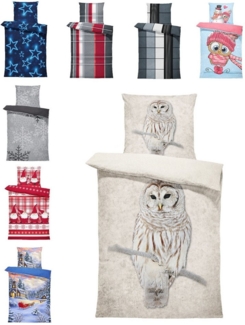 One Home Bettwäsche Winter Thermofleece, Fleece, 4 teilig, Eule Natur Tiermotiv, kuschelig flauschig warm weich Modern