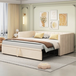 HAUSS SPOLE Schlafsofa 90/180x200 cm Ausziehbares Polsterbett mit Lattenrosten, Samt Beige