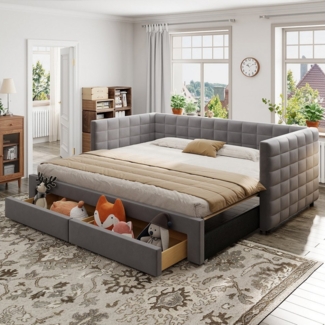 Merax Daybett (Jugendbett Kinderbett aus Baumwoll-Leinenstoff, 1 tlg), Tagesbett Polsterbett Schlafsofa 90x190cm mit Ausziehbett & Schubladen