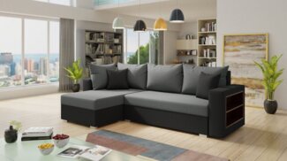Ecksofa Lord mit praktischen Regal - Sofa mit Bettkasten und Schlaffunktion, Schlafsofa, Polsterecke, Couch L-Form, Couchgarnitur, Sofagarnitur (Schwarz + Grau (Alova 04 + 10), Ecksofa Links)