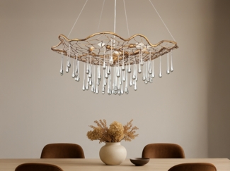 Ausgefallene LED Pendelleuchte Gold matt mit Glas Behang Ø 91cm