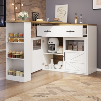 Kommode H 104 x T 39 x B 138-204 cm, 360° drehbar, ausziehbar, MDF weiß mit Schublade & Regal