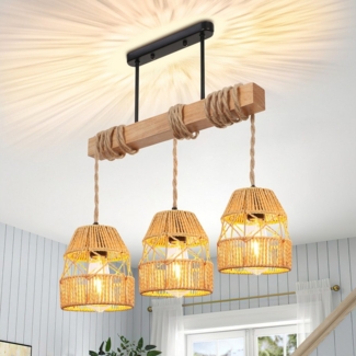 MUPOO Pendelleuchte 3-flammige Holz Hängeleuchte aus Rattan-Schirm/Holz,Höhenverstellbar, LED wechselbar,mit 3 Glühbirnen,für Esszimmer Küche Wohnzimmer