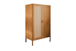 Kleiderschrank Zola Wildeiche massiv mit Rattan 108x175 mit 2 Türen 2 Schubladen