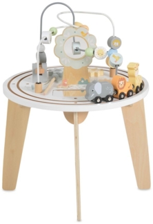 Moni Kinderspieltisch Holz W12D626 Eisenbahn, Tiere, Perlenlabyrinth, Spiegel weiß