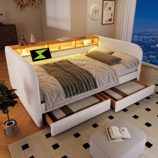 Polsterbett 140x190 cm aus Leinen mit LED und USB-/Type-C-Ladefunktion, 2 Schubladen