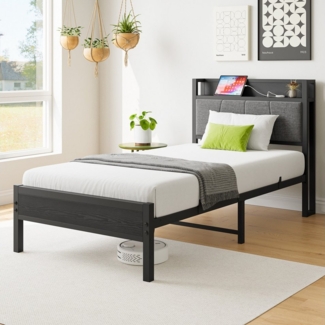 OKWISH Metallbett Stauraum-Kopfteil mit 1 Steckdosen, 2 USB-Ladeanschlüssen (Einfach zu montieren, kostengünstige Wahl, 2-tlg), Bis zu 200kg Tragkraft,90x200cm Inklusive Matratze