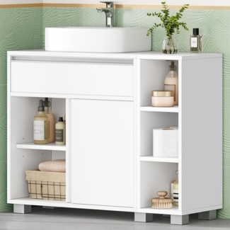 Badezimmerschrank, Unterschranke Furs Bad, Waschbeckenunterschrank, 1 Schublade und 2 Schranktüren Badezimmer-Unterschrank mit Füßen, Verstellbarem Regal, Weiß 30 x 80 x 63 cm