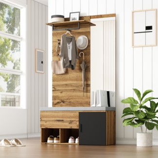 Merax 190 cm hohes Garderobenset in Holzoptik mit Spiegel, Schuhbank (104 x 39 cm) mit Polster, Schuhschrank, Schublade, Regal, Kleiderhaken – Praktisches Design für den Eingangsbereich